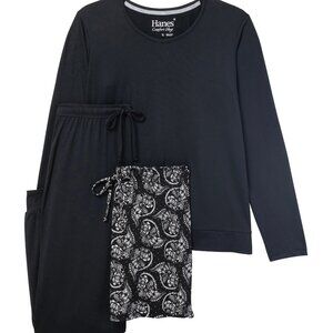 Hanes Black & White Women's Silky Stay In, Step Out 3-Piece Pajama Lounge Set